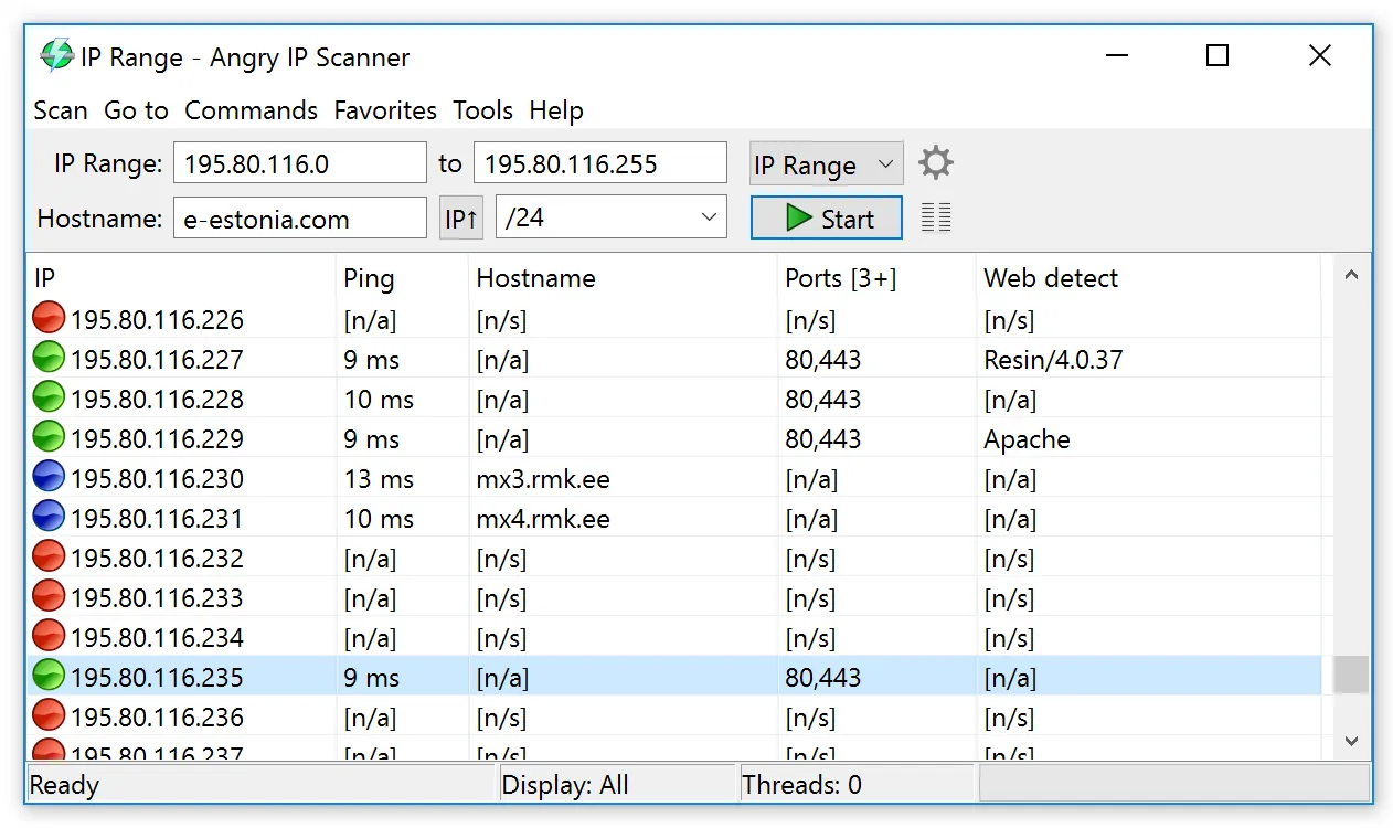 Angry IP Scanner results list showing addresses, ping times and hostnames