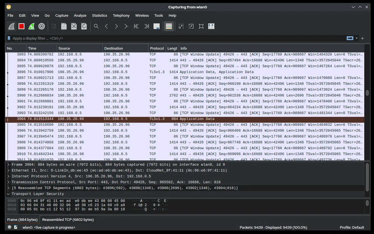 Wireshark main window with a packet list, protocol details and bytes panes